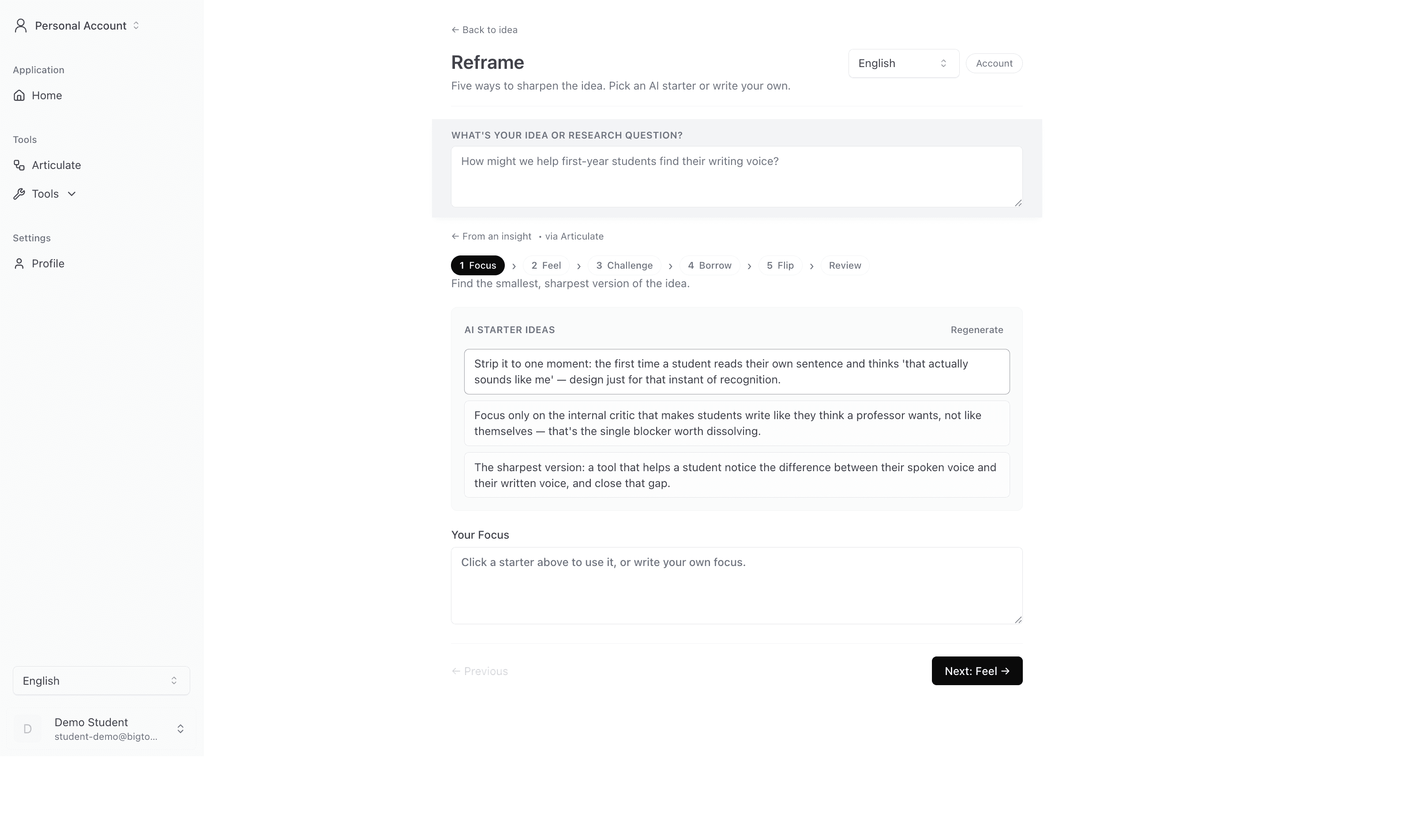 Reframe tool with three AI-generated starter ideas for sharpening a student writing-voice question